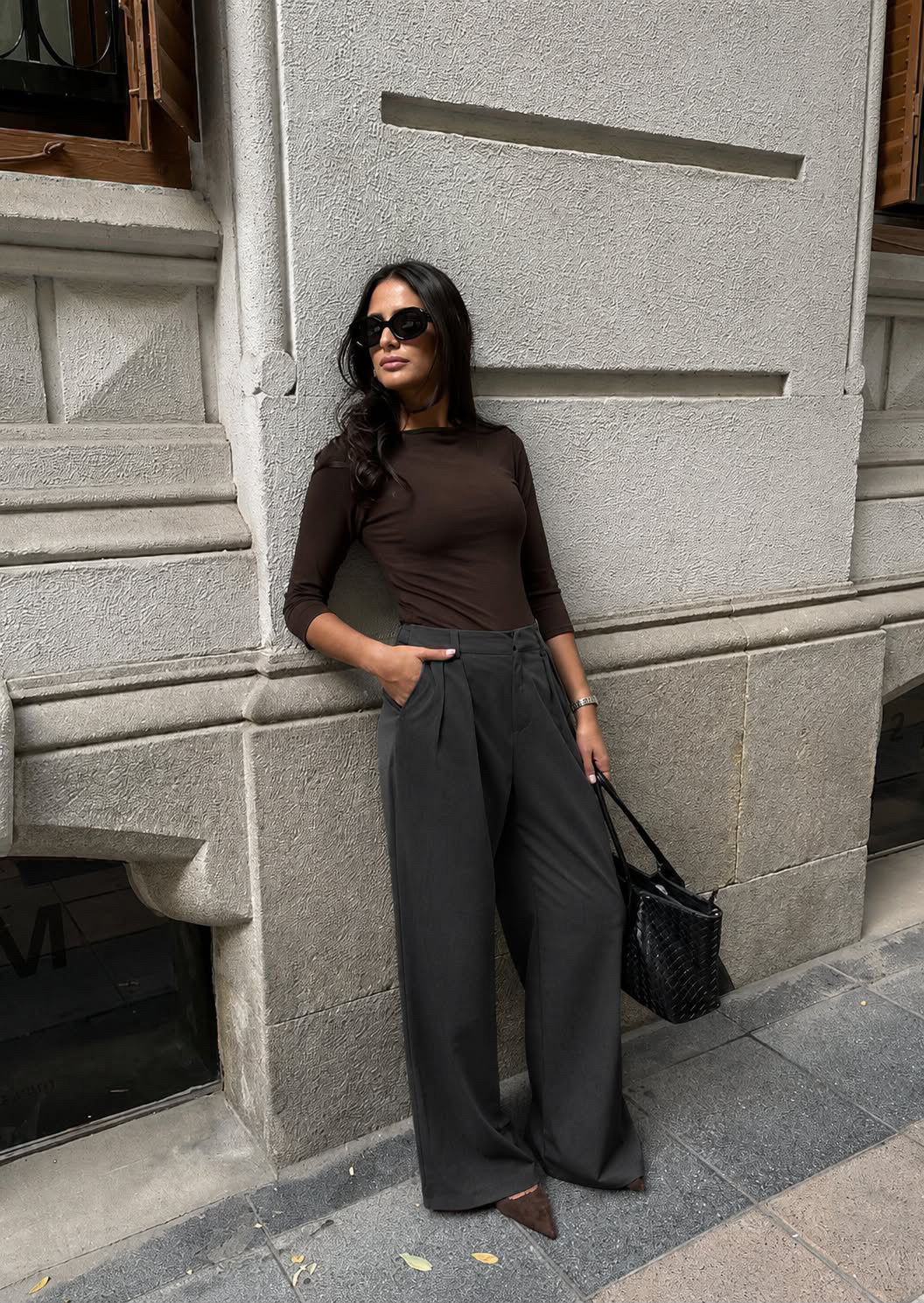 Dark Grey Wide Leg Pleated Trouser
