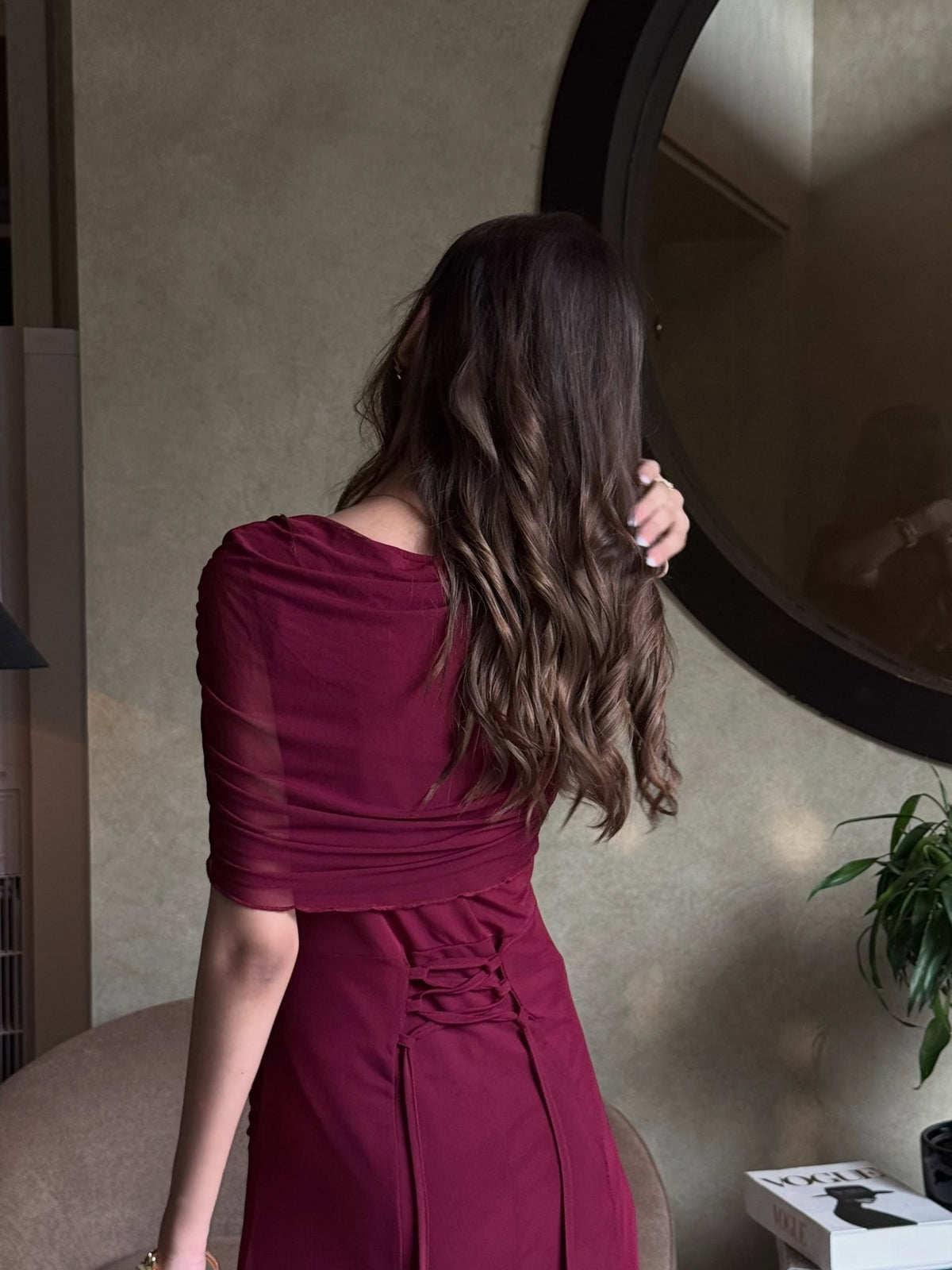 Wine burgundy maxi dress, back detail