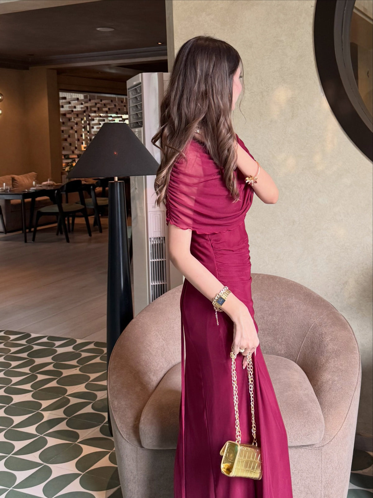 Wine burgundy maxi dress, side view
