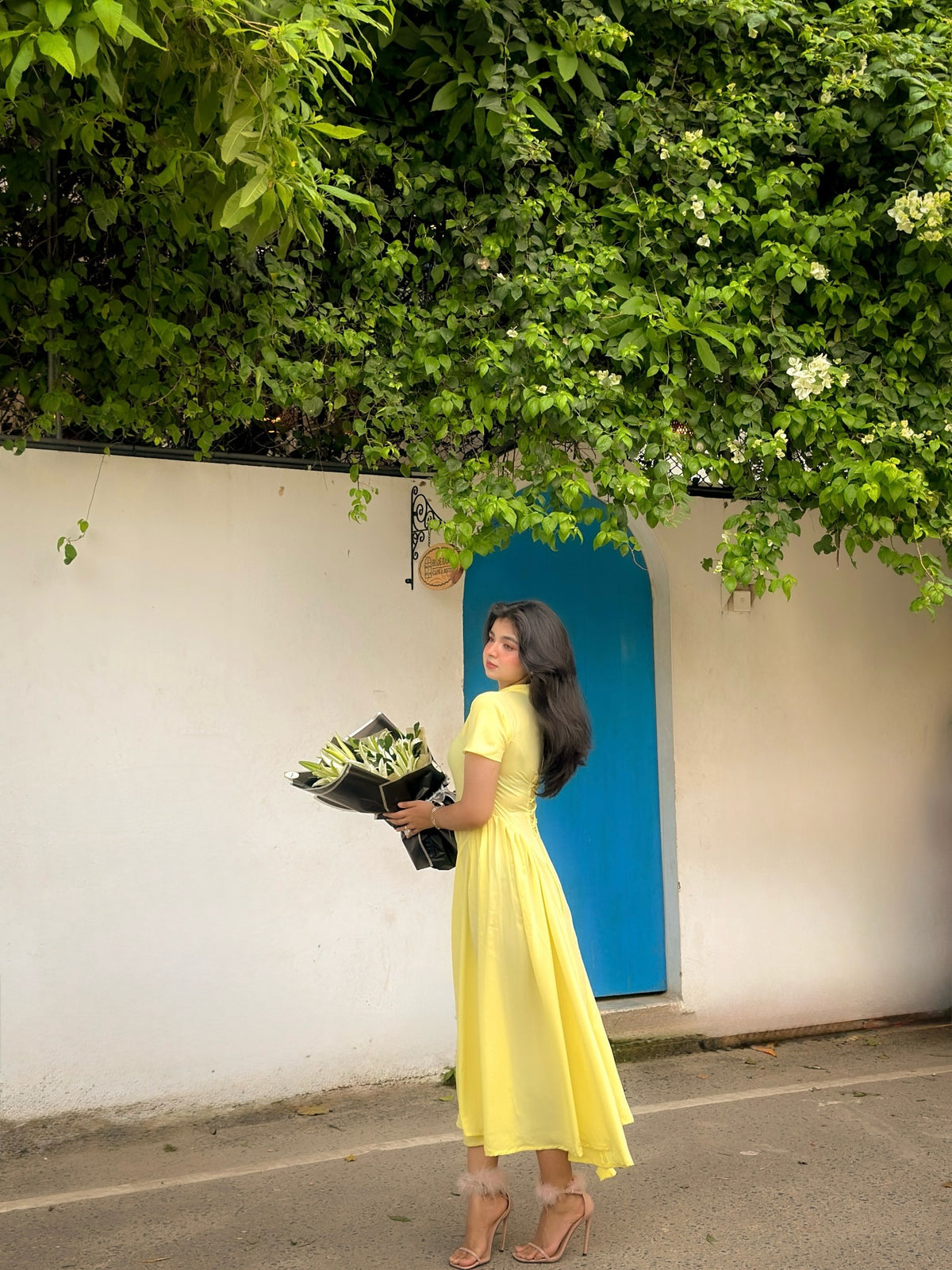 Solara lemon yellow maxi dress back and side view