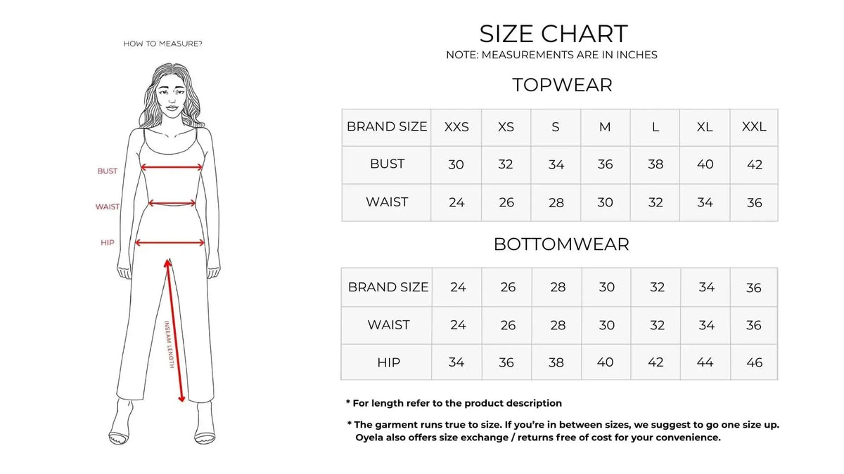 Women's fashion size chart for topwear and bottomwear with measurement guide illustration.