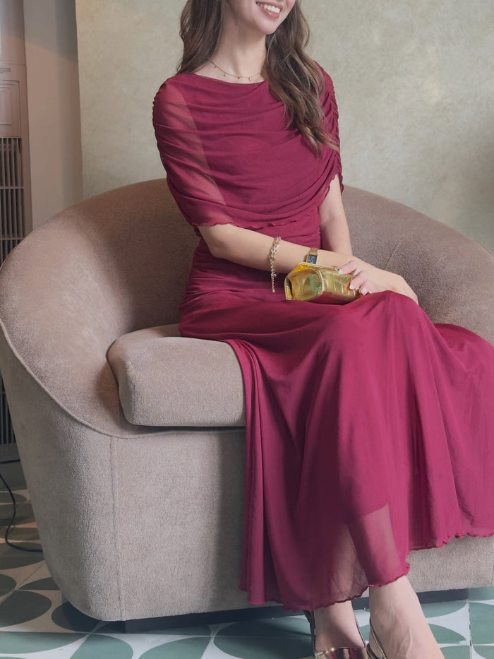 Wine burgundy maxi dress, front detail