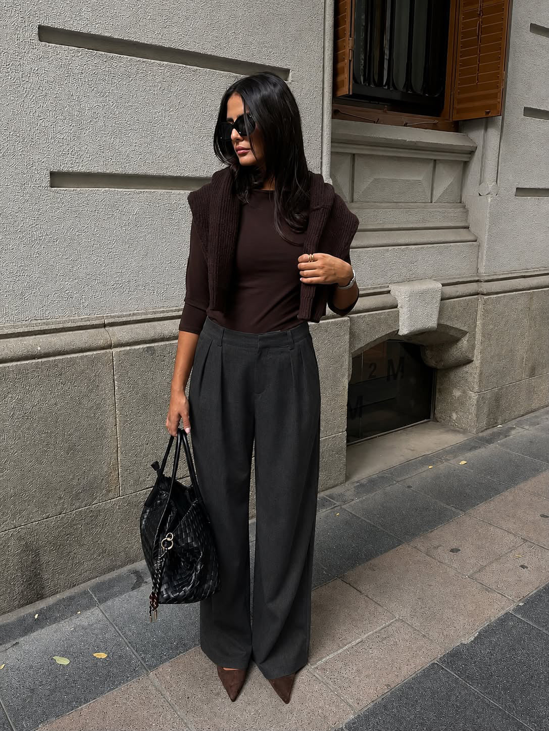 Dark Grey Wide Leg Pleated Trouser