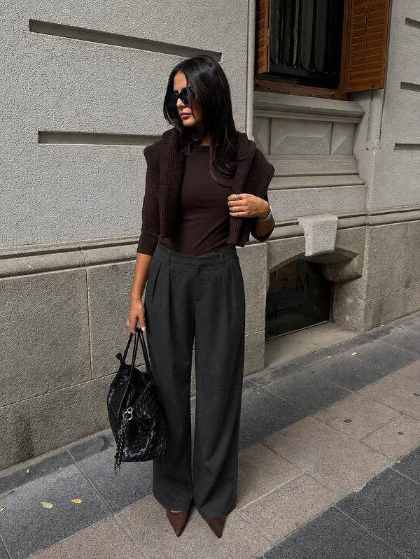 Dark Grey Wide Leg Pleated Trouser