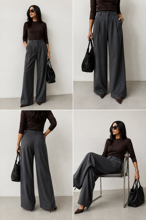 Dark Grey Wide Leg Pleated Trouser