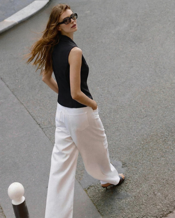 Black tailored sleeveless blazer vest back view