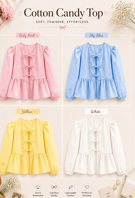 Cotton Candy Bow-Tie Puff Sleeve Peplum Top