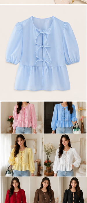 Cotton Candy Bow-Tie Puff Sleeve Peplum Top
