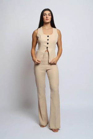 Sienna Beige Button-Front Vest & Flared Pants Co-Ord Set