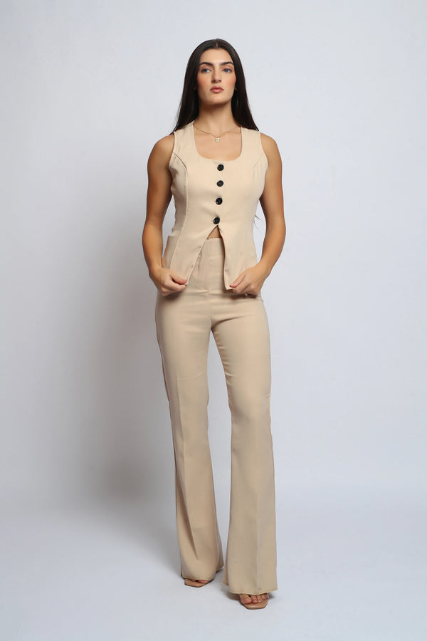 Sienna Beige Button-Front Vest & Flared Pants Co-Ord Set