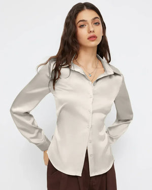 Cream Satin Nipped-Waist Shirt