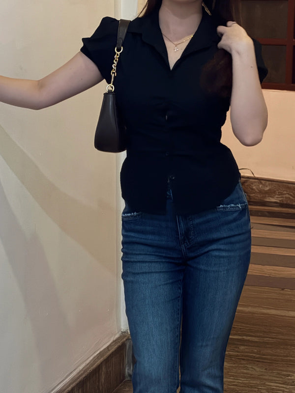 Black Puff-Sleeve Fitted Shirt