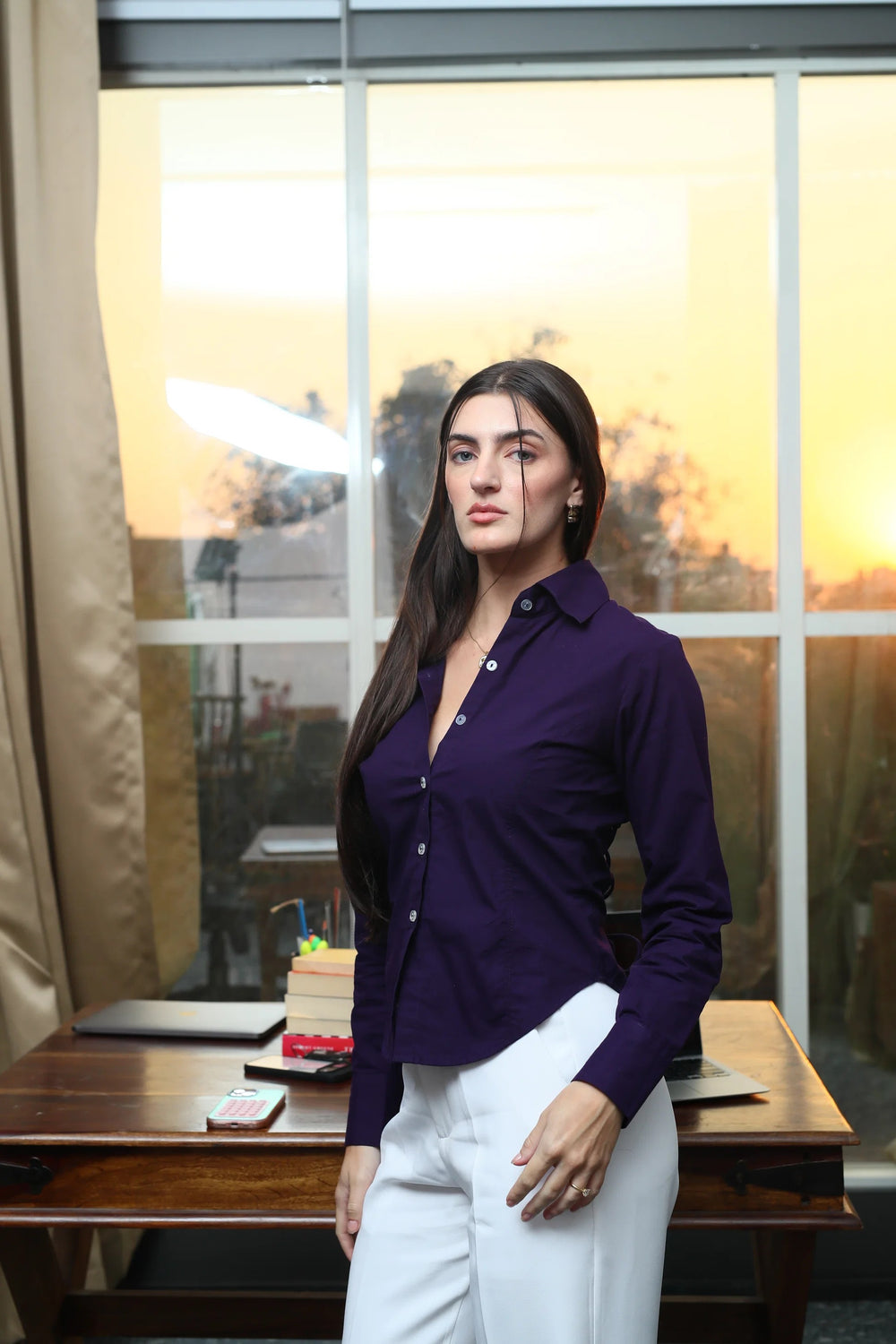 Aubergine Corset-Lace Fitted Shirt