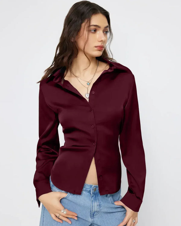 Maroon Satin Nipped-Waist Shirt