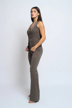 Taupe Satin Button-Front Vest & Flared Trouser Co-ord Set