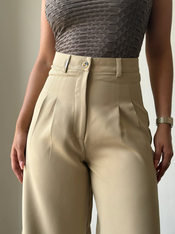 Beige Wide leg Pleated Pant