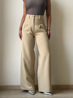 Beige Wide leg Pleated Pant