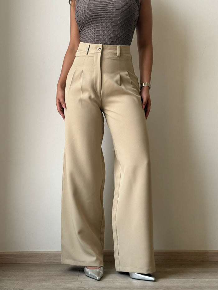 Beige Wide leg Pleated Pant