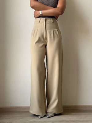 Beige Wide leg Pleated Pant