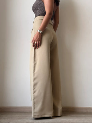Beige Wide leg Pleated Pant