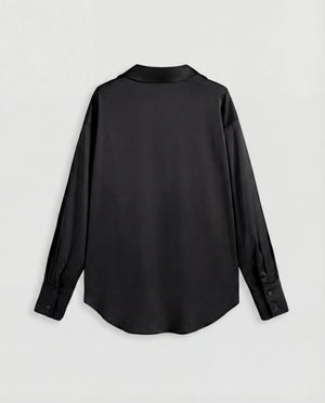 Elegant black long-sleeve satin button-down shirt for off-duty style.