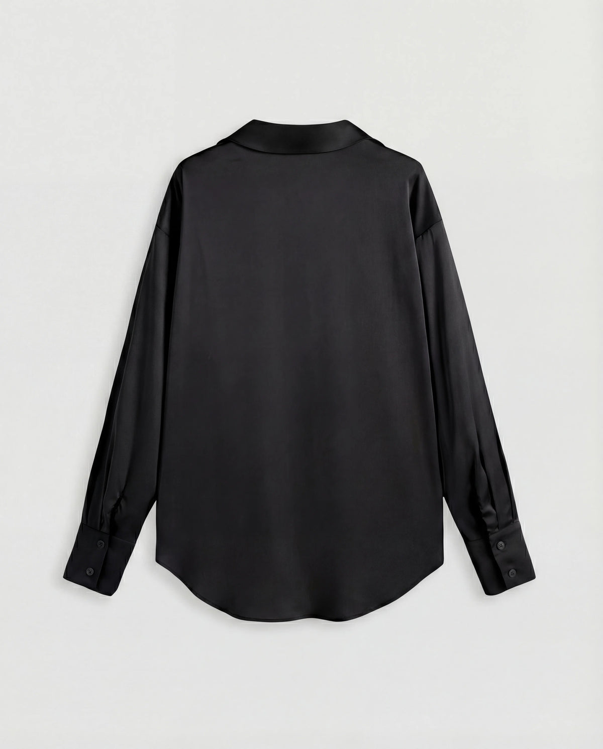 Elegant black long-sleeve satin button-down shirt for off-duty style.