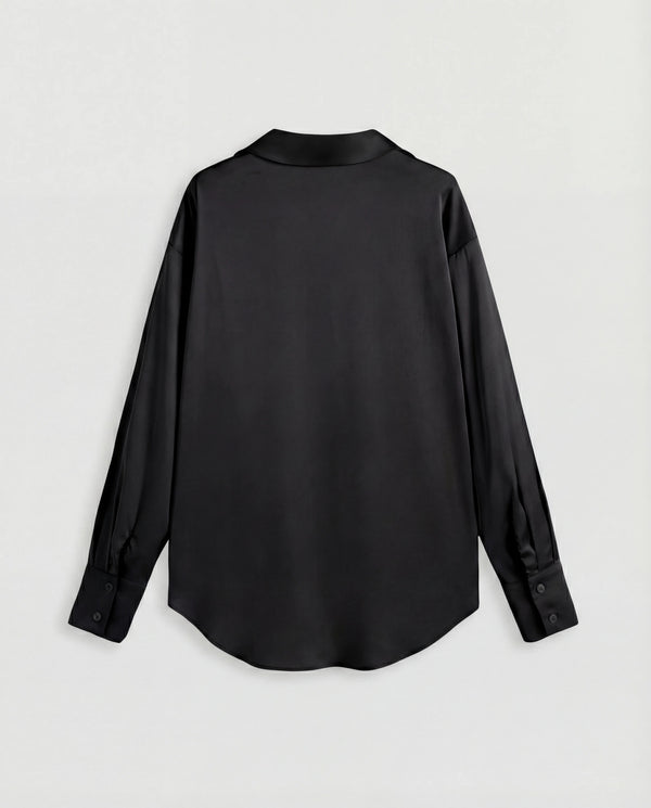Elegant black long-sleeve satin button-down shirt for off-duty style.