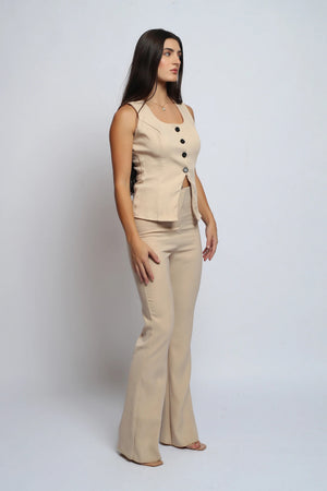 Sienna Beige Button-Front Vest & Flared Pants Co-Ord Set