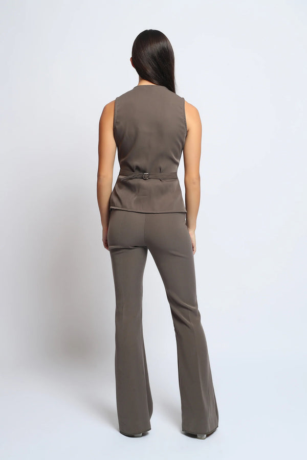 Taupe Satin Button-Front Vest & Flared Trouser Co-ord Set