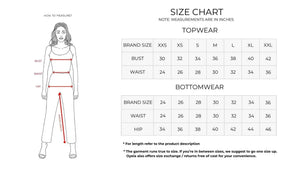 Women's fashion size chart for topwear and bottomwear with measurement guide illustration.
