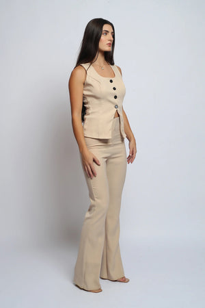 Sienna Beige Button-Front Vest & Flared Pants Co-Ord Set