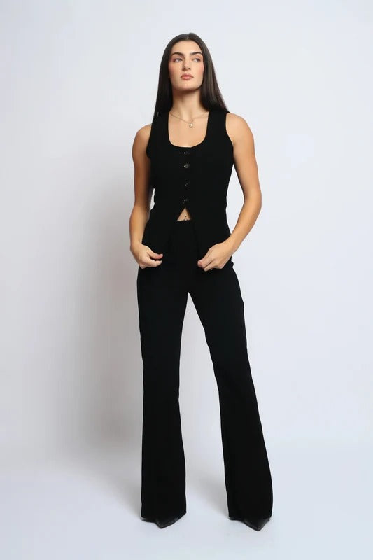 Black Sculpted Button-Front Co-Ord Set