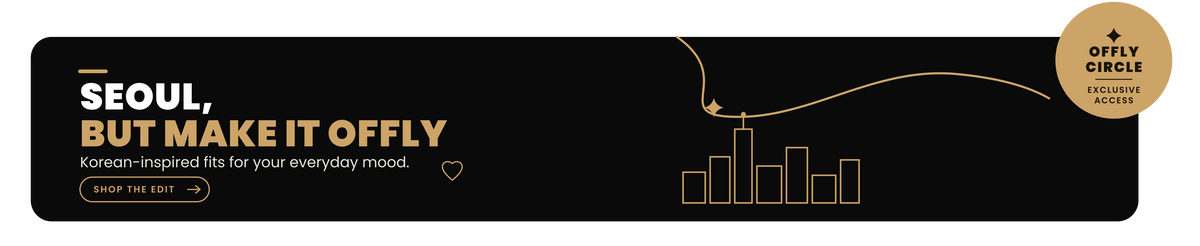 Black banner featuring Korean-inspired fashion text and gold skyline line art.