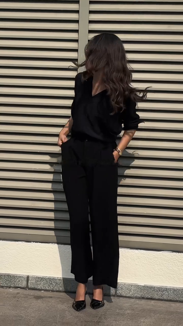 Black Buttoned Downed Shirt with Wide Leg Trouser