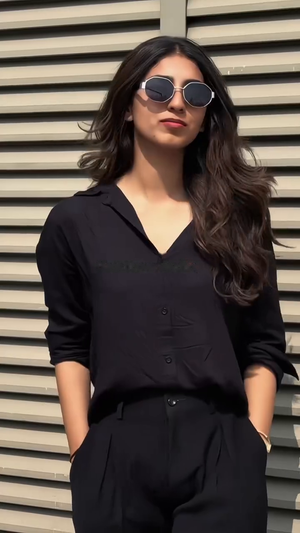 Black Buttoned Downed Shirt with Wide Leg Trouser