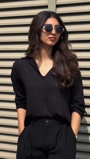 Black Buttoned Downed Shirt with Wide Leg Trouser
