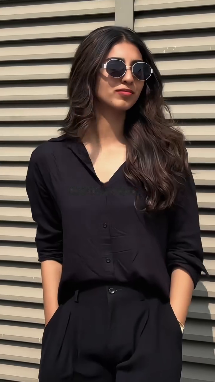 Black Buttoned Downed Shirt with Wide Leg Trouser