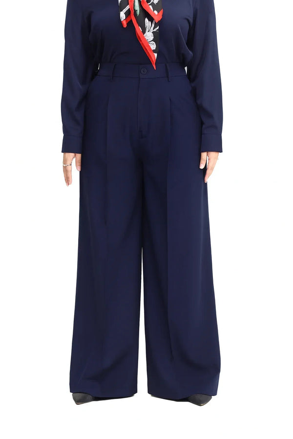 Navy Blue Wide leg plated pant