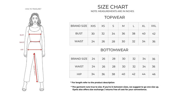 Offly topwear size chart in inches